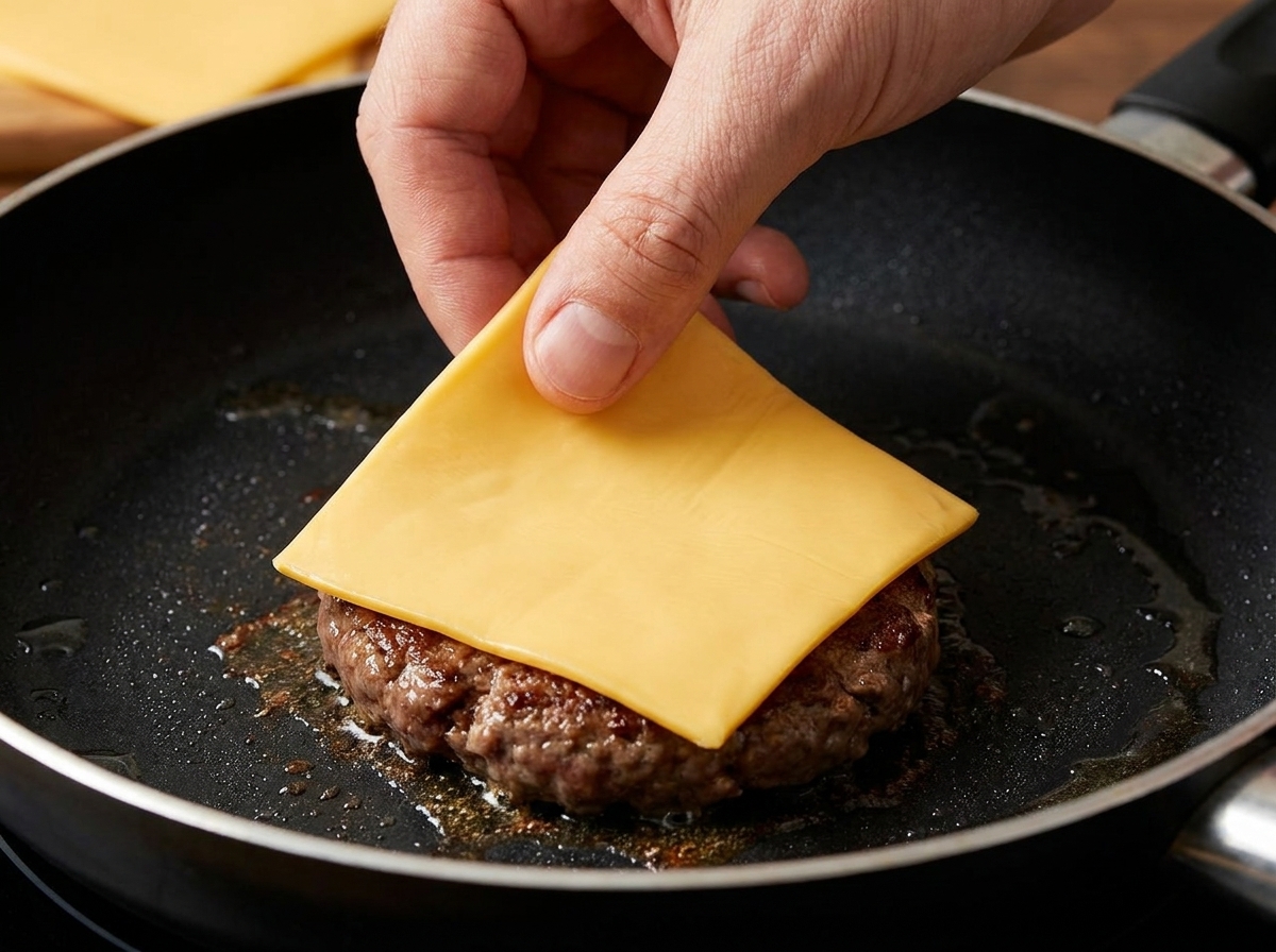 Surowy, okrągły kotlet z wołowiny kładziony na gorącą, pustą patelnię.