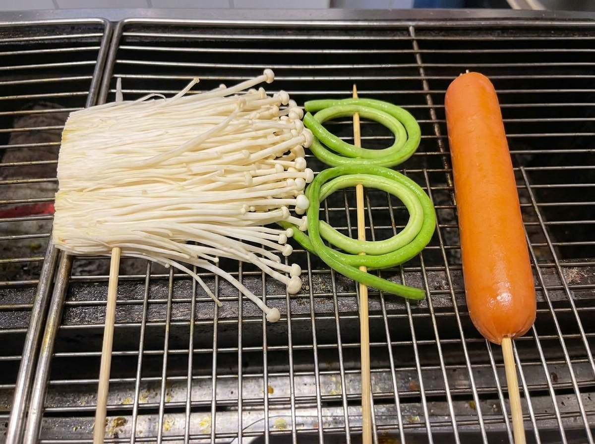 Grzyby enoki, związany szczypiorek czosnkowy i kiełbasa na ruszcie.