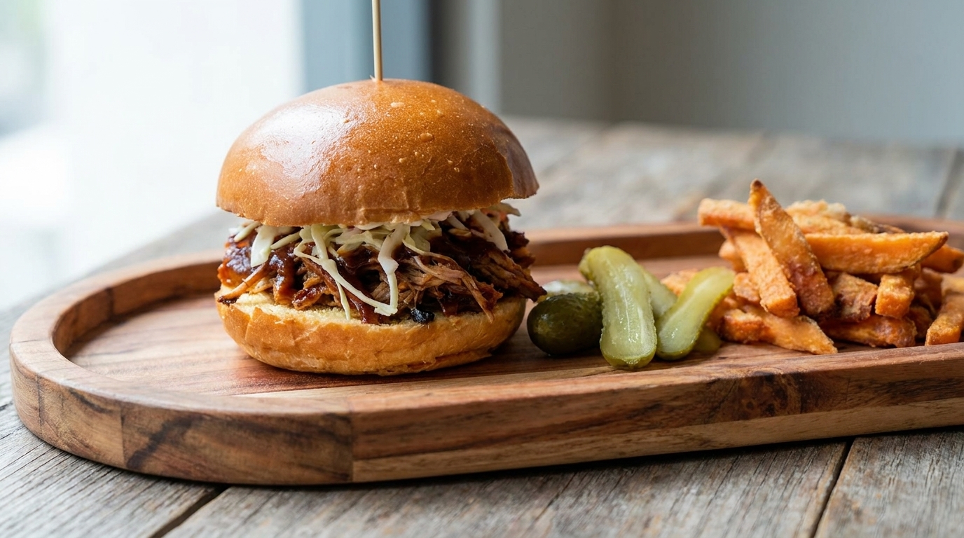 Sycący burger z szarpaną wieprzowiną, sosem BBQ i surówką coleslaw, podawany z frytkami z batatów i ogórkami.
