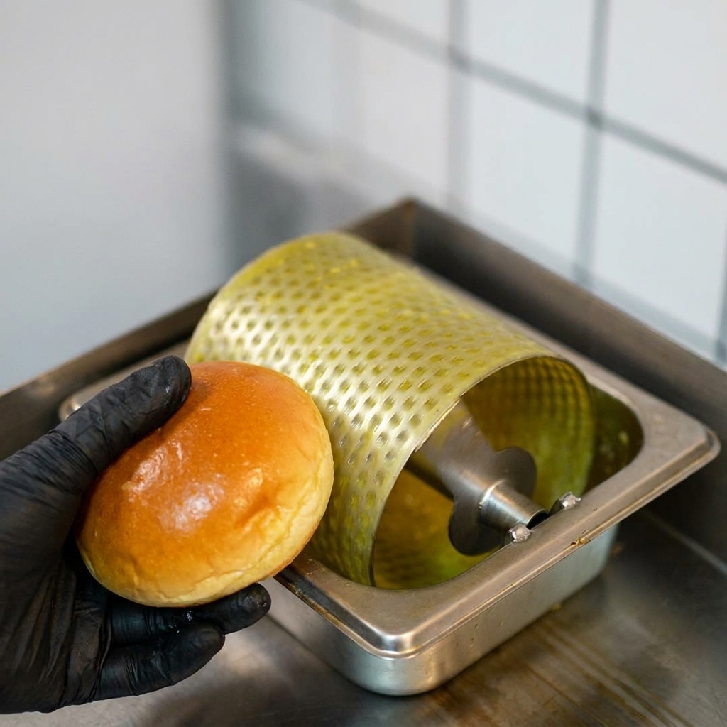 Złociste połówki bułki brioche na gorącej patelni grillowej.