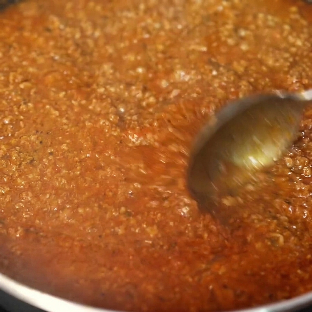 Gęsty, bogaty sos chili z mięsem nakładany łyżką na kotlet.