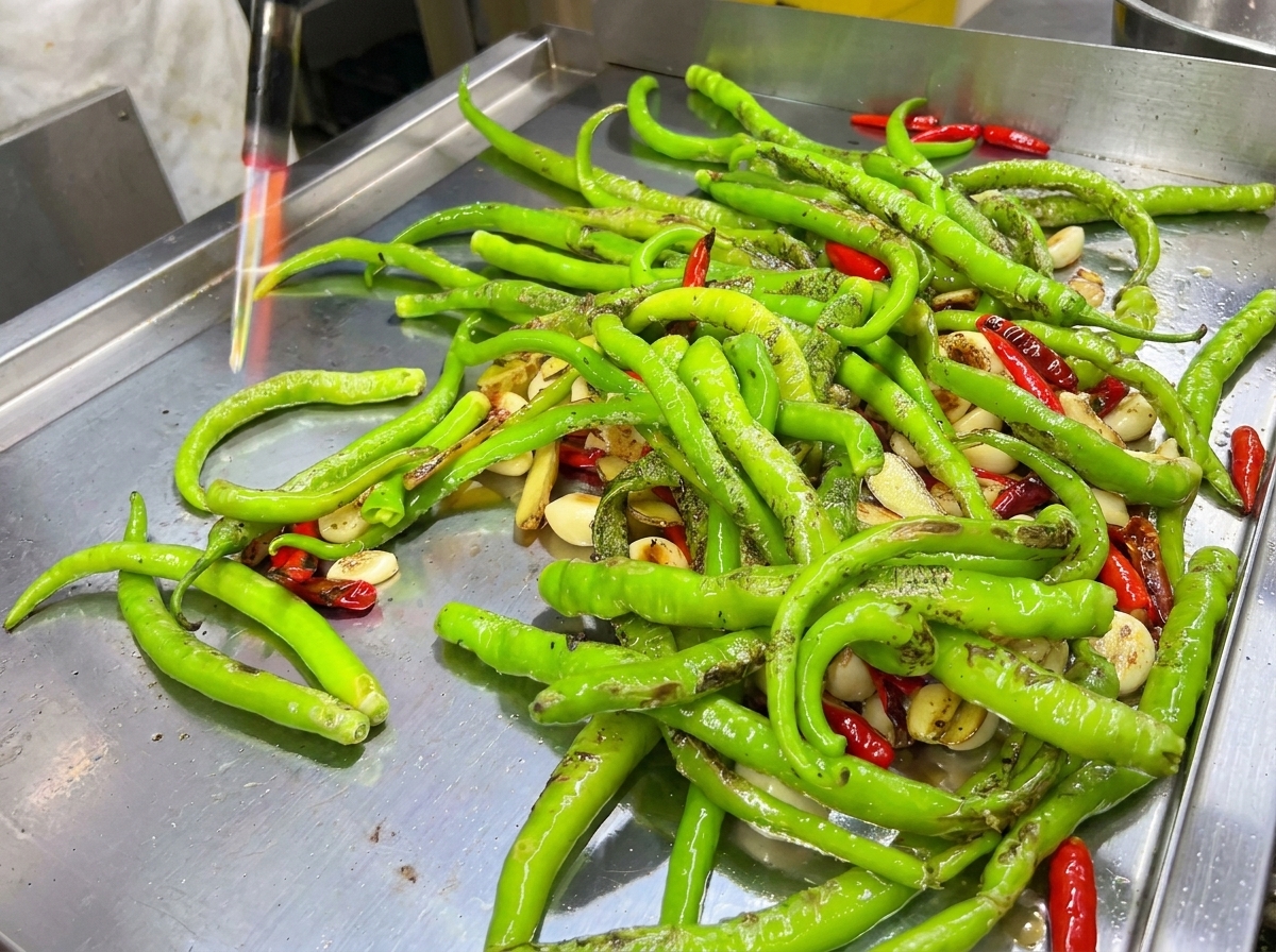 Duża sterta czerwonych i zielonych papryczek chili na gorącej płycie obok czosnku.