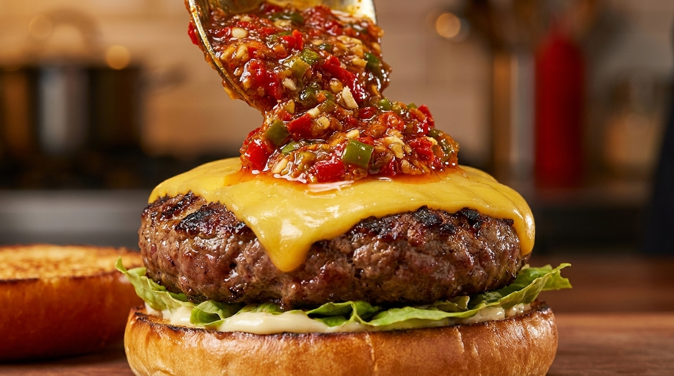 Gourmet burger wołowy zwieńczony wyrazistym, opalanym ogniem pikantnym sosem paprykowym i roztopionym żółtym serem.