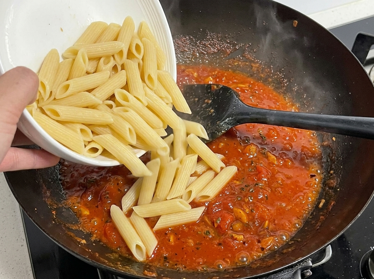 Ugotowany makaron penne wrzucany z białej miski do bulgoczącego czerwonego sosu w woku.