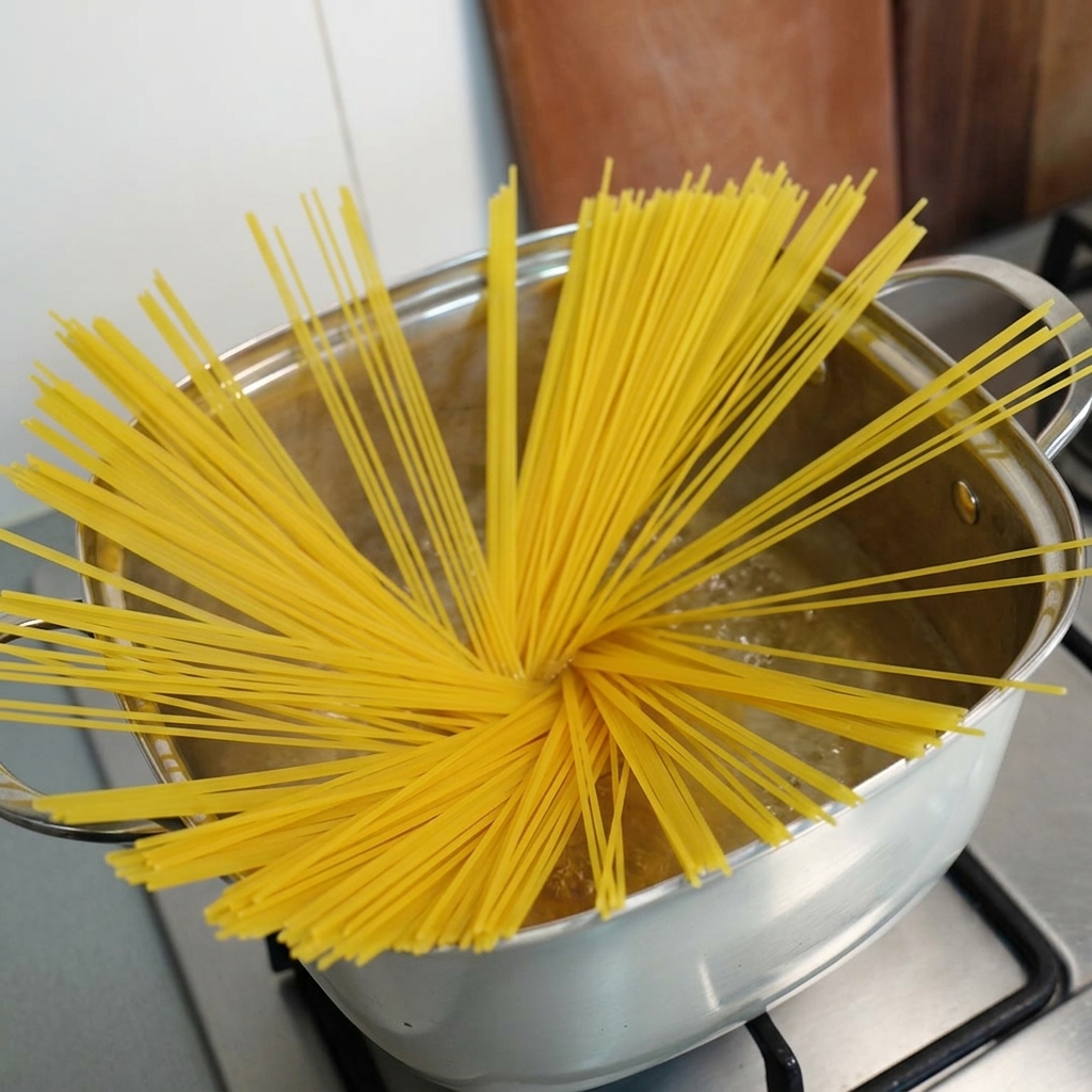 Surowy makaron spaghetti zanurzający się w garnku z wrzącą wodą.