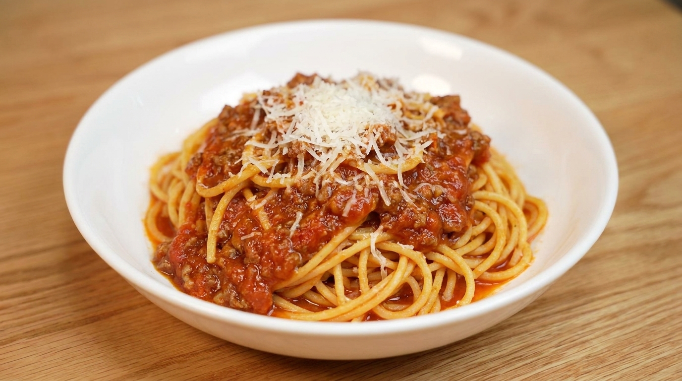 Talerz pożywnego spaghetti z bogatym, mięsnym sosem pomidorowym posypany świeżo startym parmezanem.