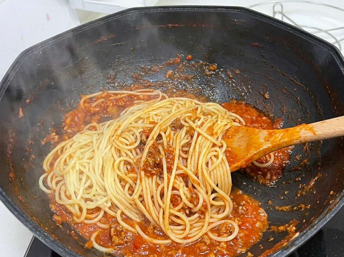 Ugotowany makaron spaghetti mieszany z bogatym sosem pomidorowo-mięsnym na czarnym woku, z unoszącą się parą.
