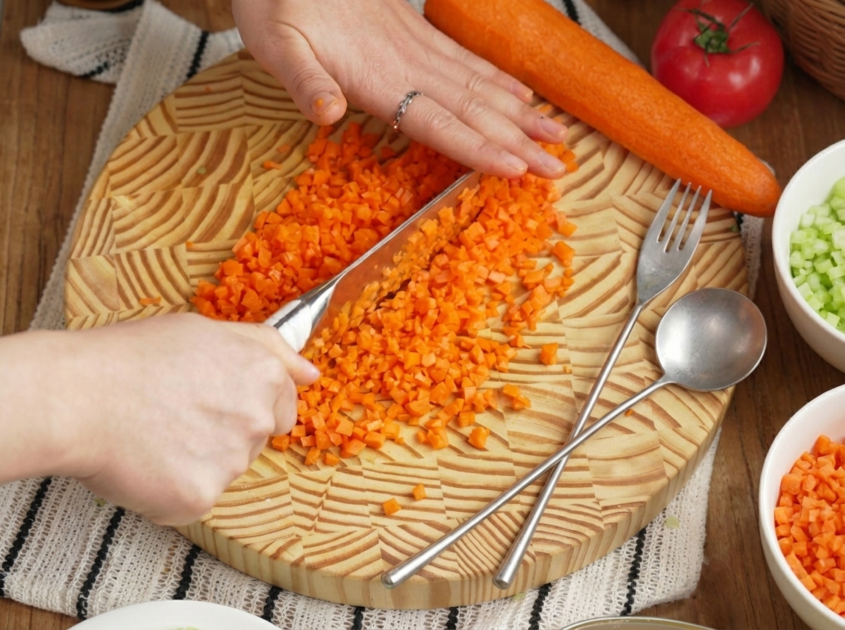 Dłonie krojące jasnopomarańczową marchewkę w drobną kostkę na drewnianej desce do krojenia.