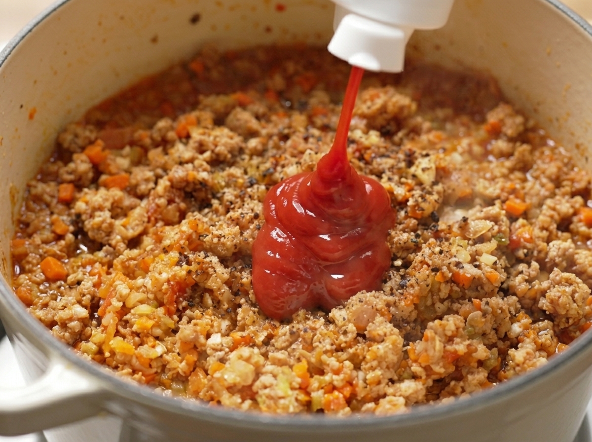Ketchup dodawany do sosu mięsnego w garnku, z widocznym czarnym pieprzem.