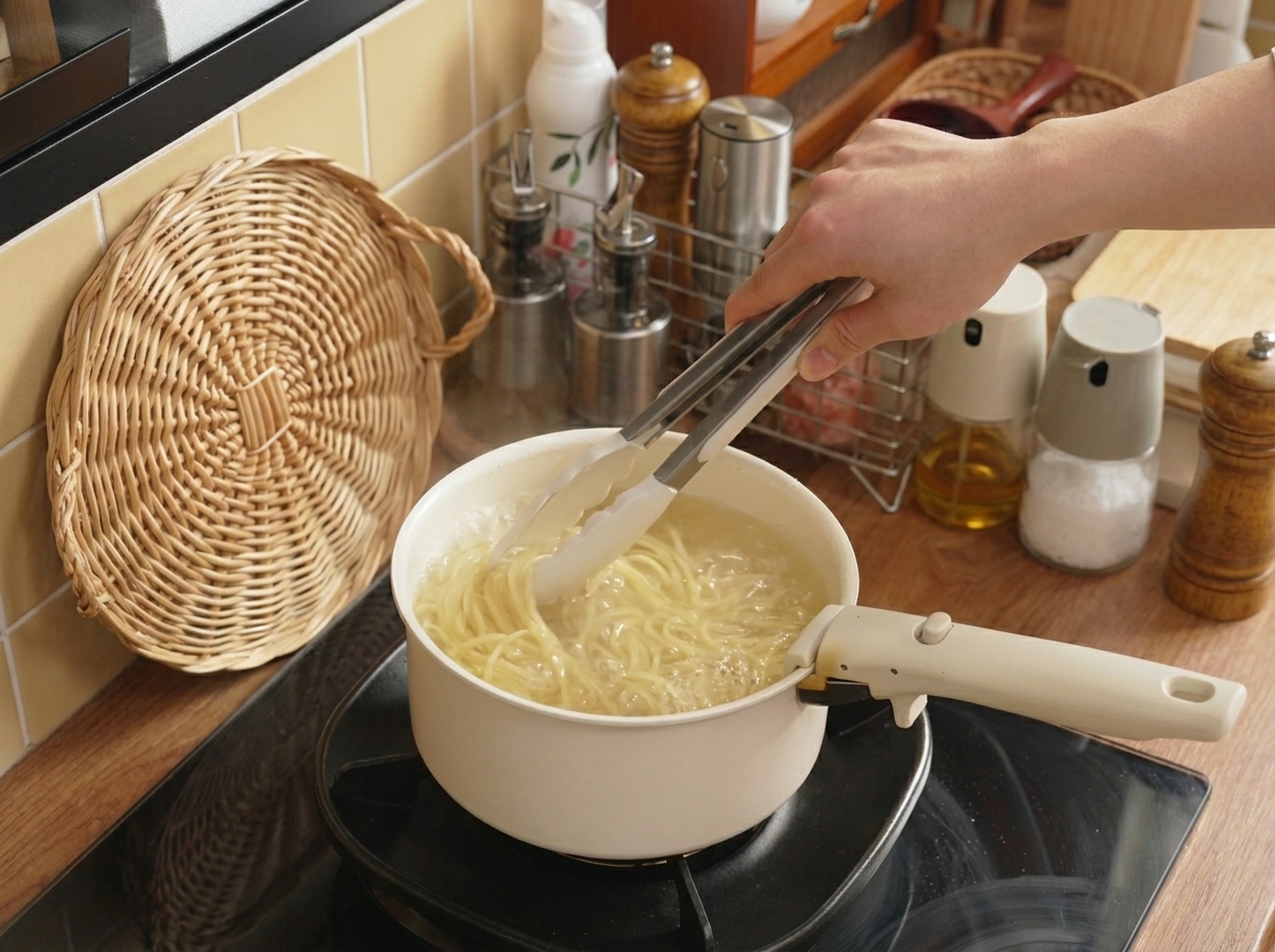 Metalowe szczypce używane do mieszania i zanurzania gotującego się spaghetti w garnku z wodą.