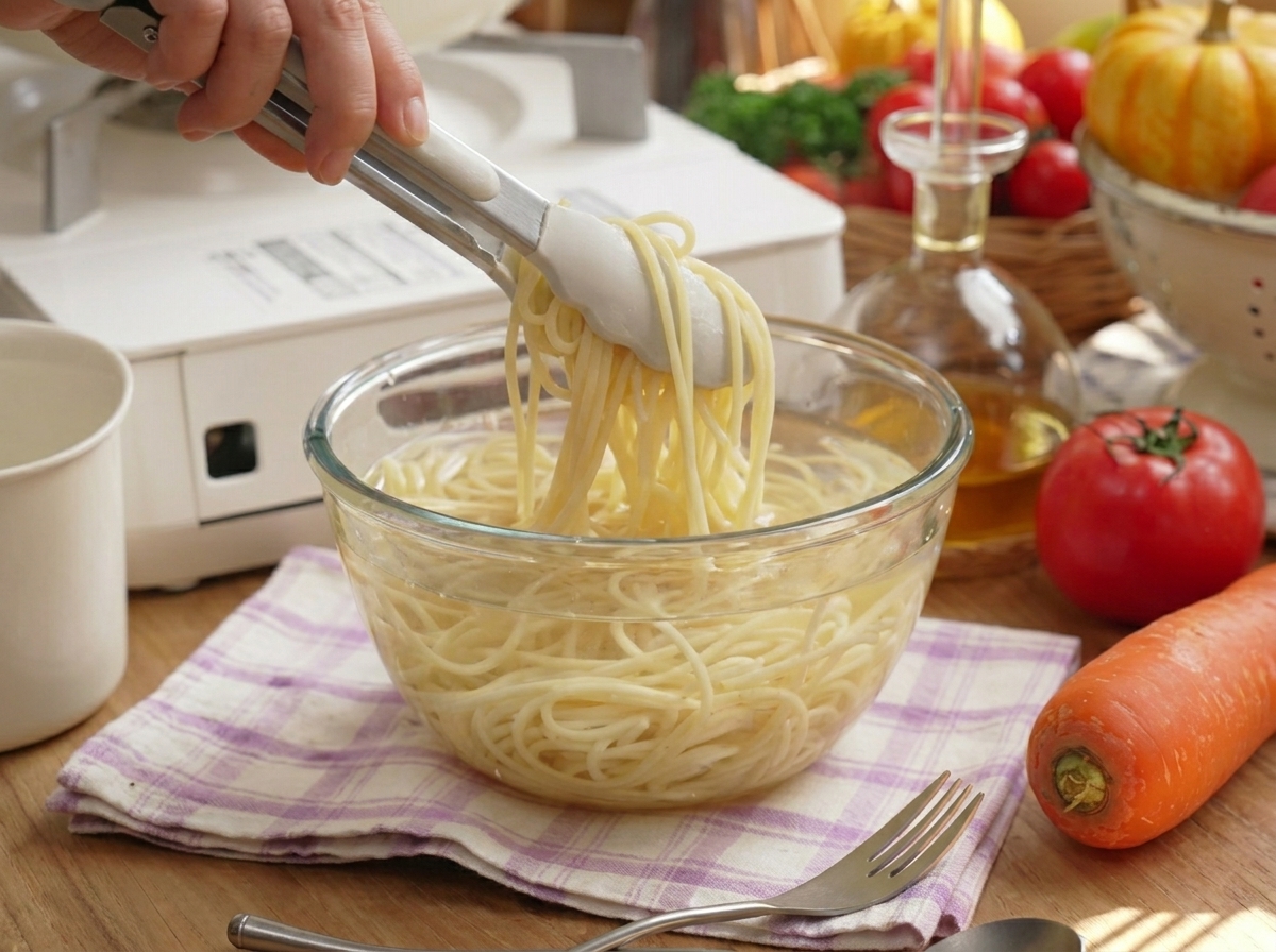 Ugotowane spaghetti przenoszone szczypcami z gotującego się garnka do szklanej miski z zimną wodą.