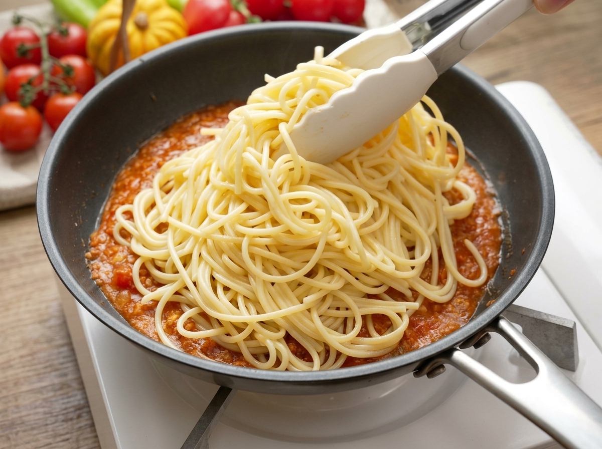 Szczypce układające ugotowane spaghetti na czarnej patelni, w której znajduje się podgrzana porcja sosu pomidorowo-mięsnego.