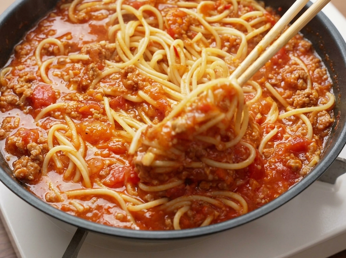 Spaghetti i sos mięsny mieszane razem na patelni przy użyciu drewnianych pałeczek, aby równomiernie pokryć makaron.