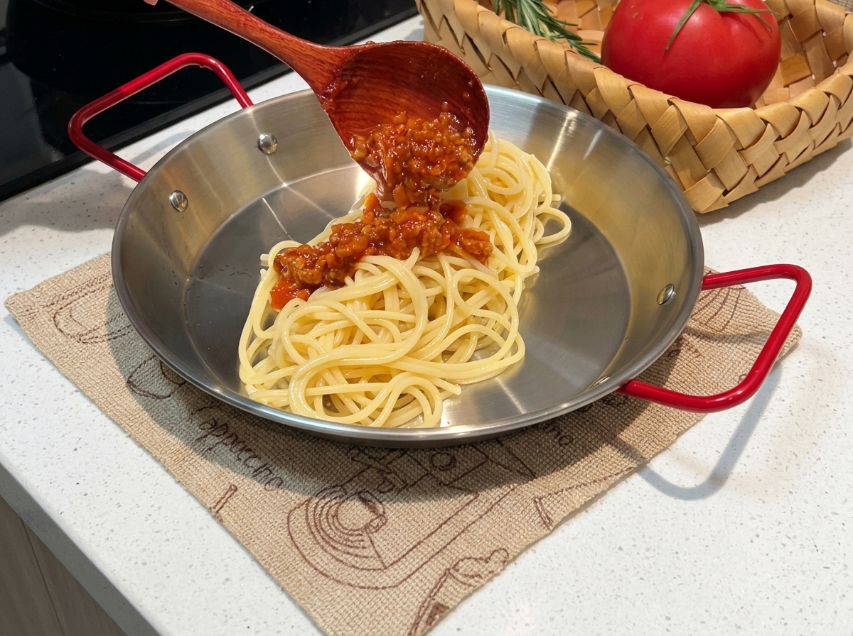 Porcja spaghetti z nałożonym na wierzch gęstym, pożywnym sosem mięsnym.