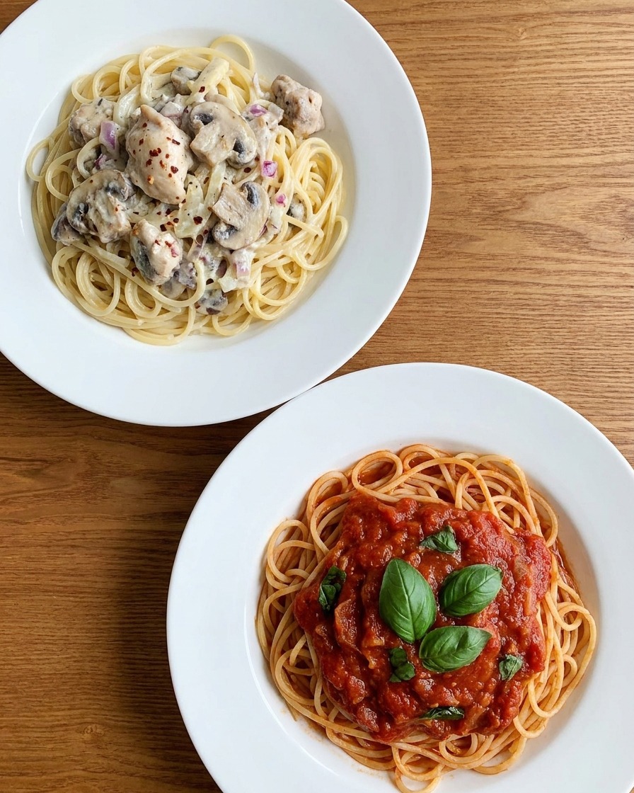 Ugotowane spaghetti przekładane szczypcami do patelni z sosem.