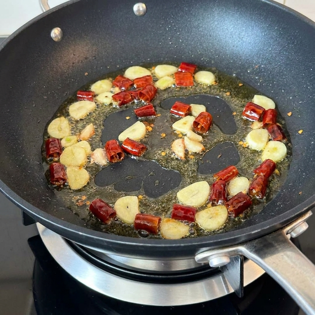 Posiekane pieczarki smażące się z czosnkiem i chili na patelni.