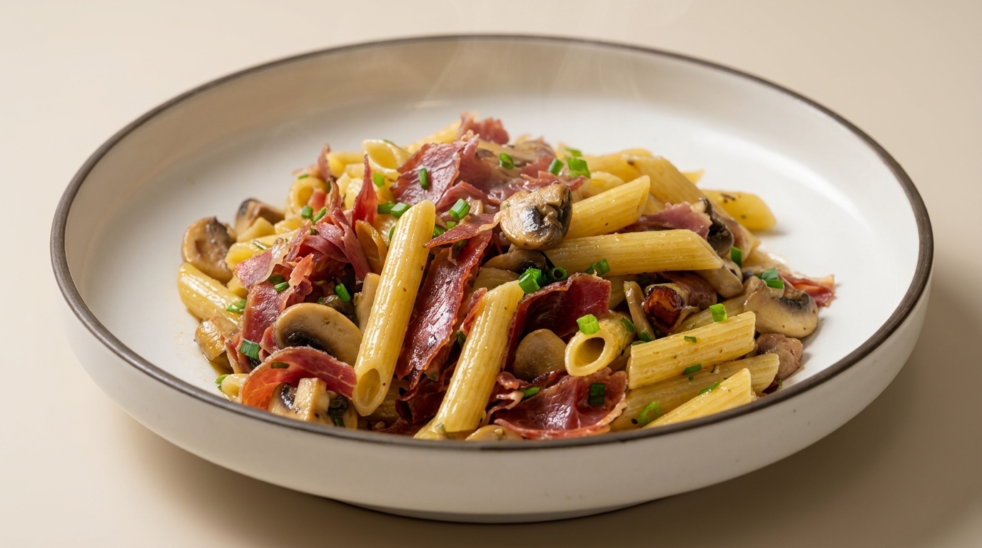 Penne z szynką i pieczarkami w sosie czosnkowo-winowym