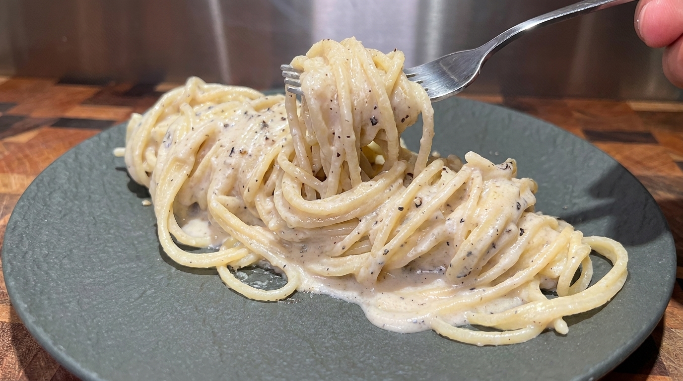 Miska idealnie pokrytego sosem makaronu Cacio e Pepe, ukazująca kremową emulsję sera Pecorino Romano i świeżo zmielonego czarnego pieprzu.
