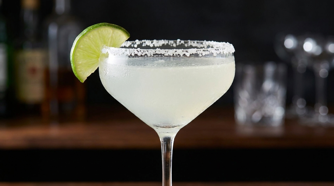 Klasyczna Margarita w schłodzonym kieliszku typu coupe z soloną obwódką i plasterkiem limonki.