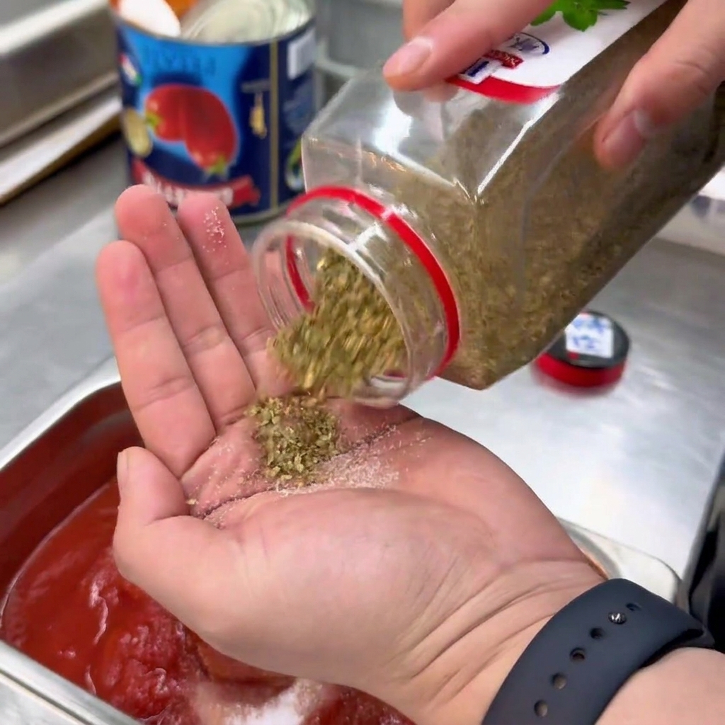 Suszone oregano sypane z dłoni do metalowego pojemnika z sosem pomidorowym.