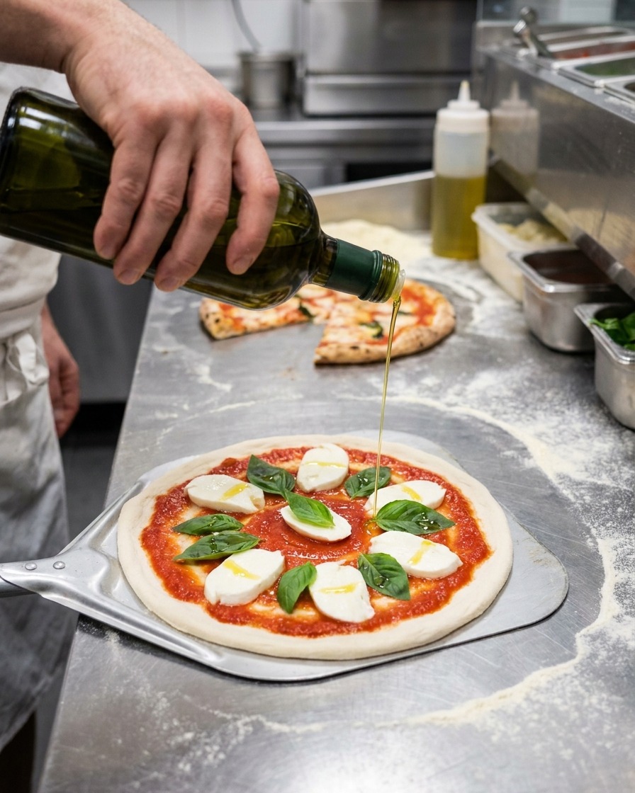 Oliwa z oliwek spływająca cieniutką stróżką na surową pizzę.