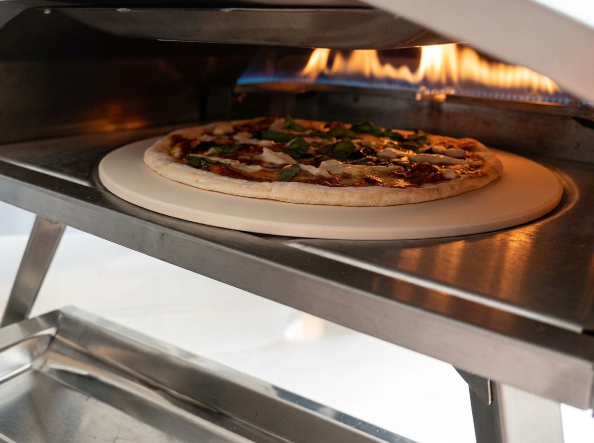 Pizza wsuwana do gorącego pieca z widocznymi płomieniami.