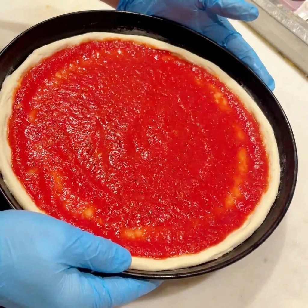 Intensywnie czerwony sos pomidorowy rozsmarowywany równomiernie na powierzchni surowego ciasta na pizzę.