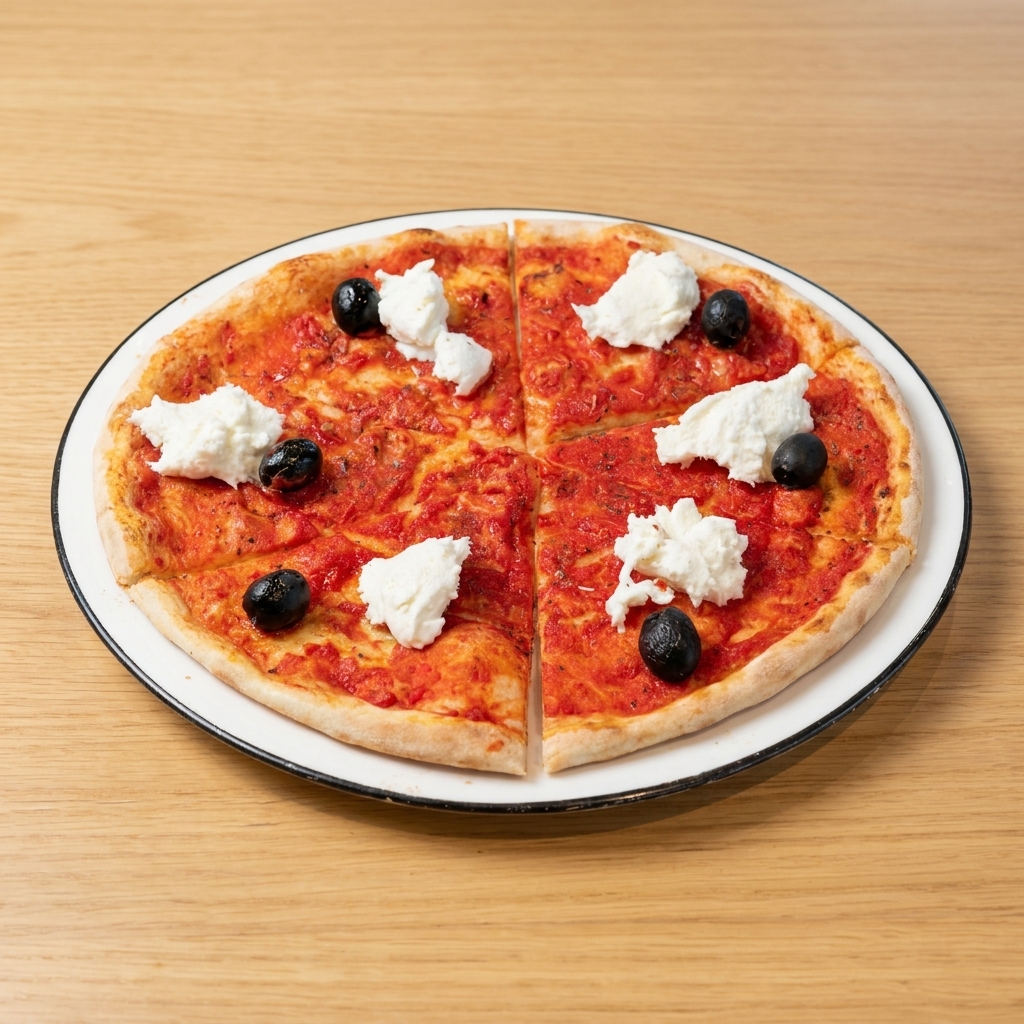 Świeżo upieczona pizza z gęstym, czerwonym sosem pomidorowym, czarnymi oliwkami i świeżymi kawałkami białej mozzarelli di bufala.