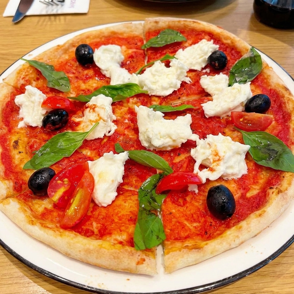 Upieczona pizza udekorowana kawałkami świeżej mozzarelli, zielonymi liśćmi bazylii, czarnymi oliwkami i przekrojonymi pomidorkami koktajlowymi.