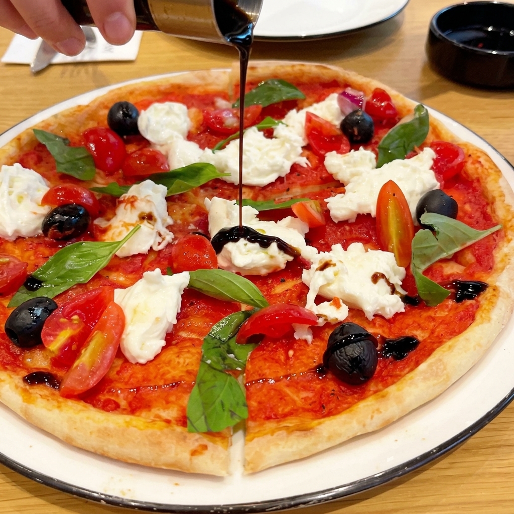 Ciemny krem balsamiczny polewany z metalowego dozownika na gorącą pizzę ze świeżą mozzarellą, bazylią i pomidorkami koktajlowymi.
