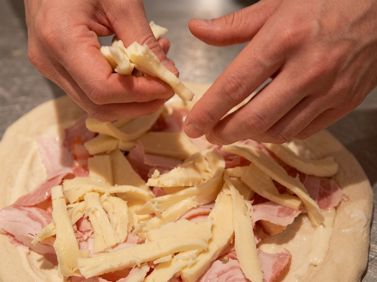 Paski sera posypywane na wierzch pizzy.