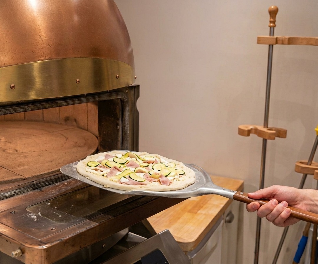 Surowa pizza wsuwana do gorącego pieca kamiennego za pomocą metalowej łopaty.