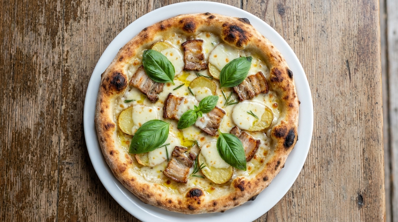 Świeżo upieczona pizza z ziemniakami i boczkiem, udekorowana listkami świeżej bazylii.