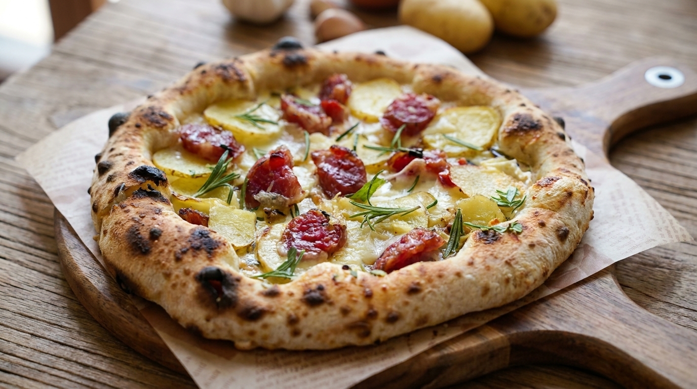 Pizza z ziemniakami i chińską kiełbasą