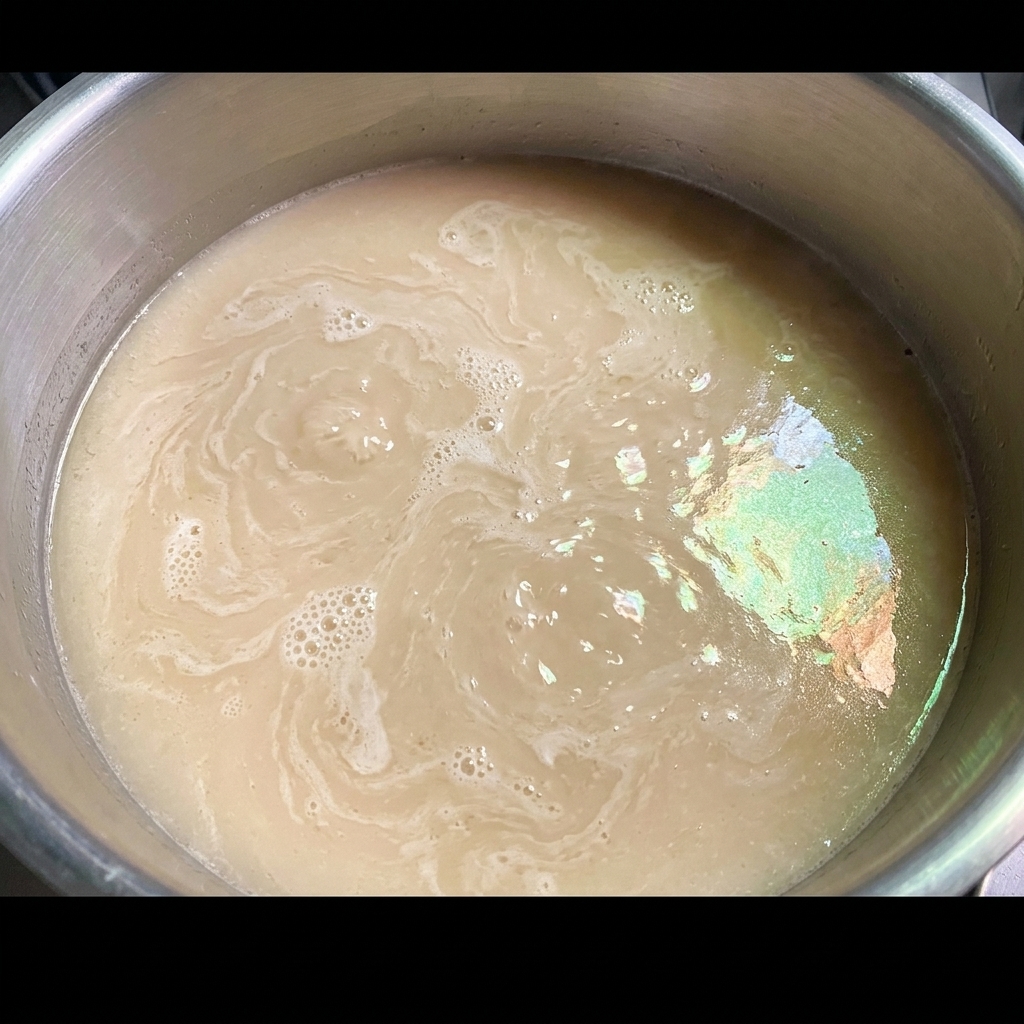 Bulion tonkotsu wlewany na patelnię z pastą miso, tworzący kremową i bogatą mieszankę.