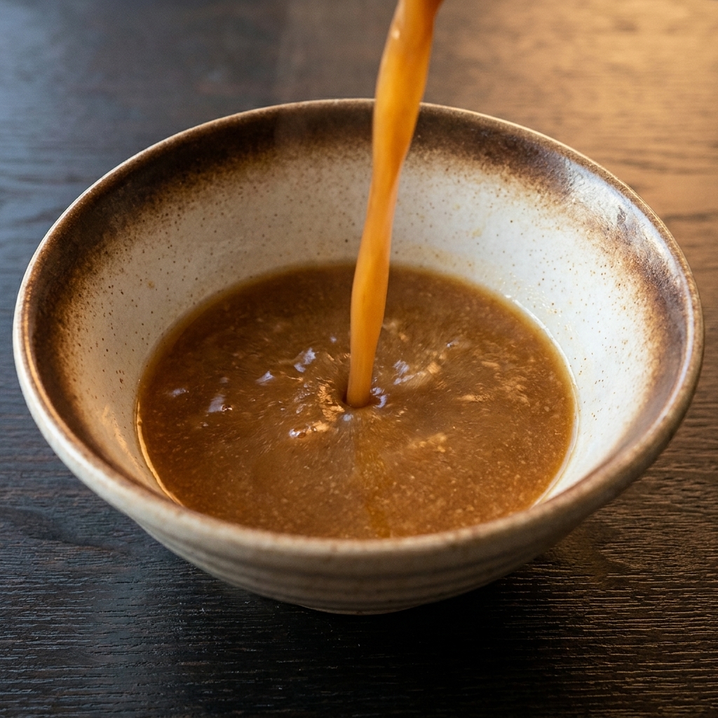 Gorący, bogaty bulion miso wlewany do miski ze świeżo ugotowanym makaronem ramen.