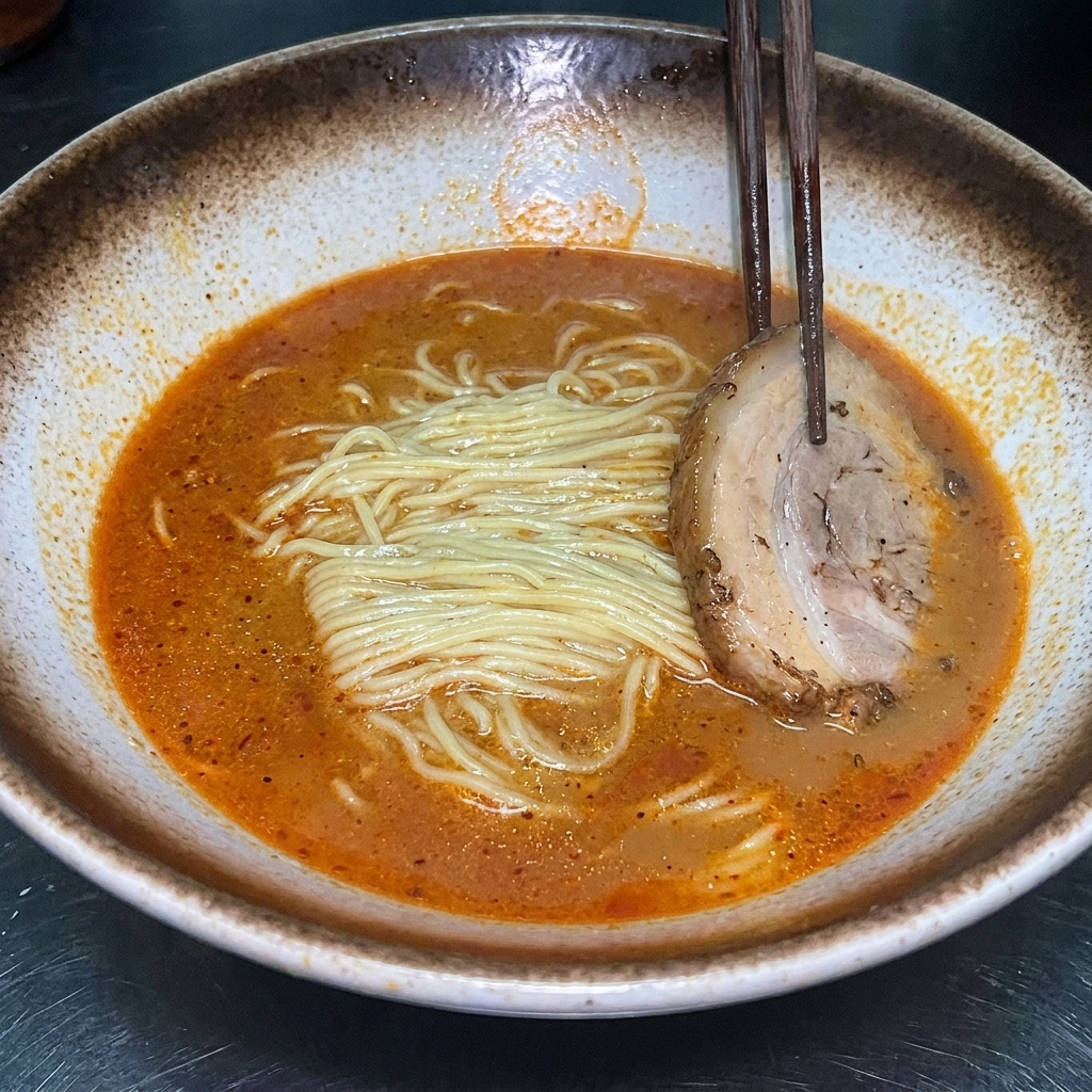 Gotowa miska ramenu miso posypana plastrami wieprzowiny chashu, połówkami jajka na miękko i słodką kukurydzą.