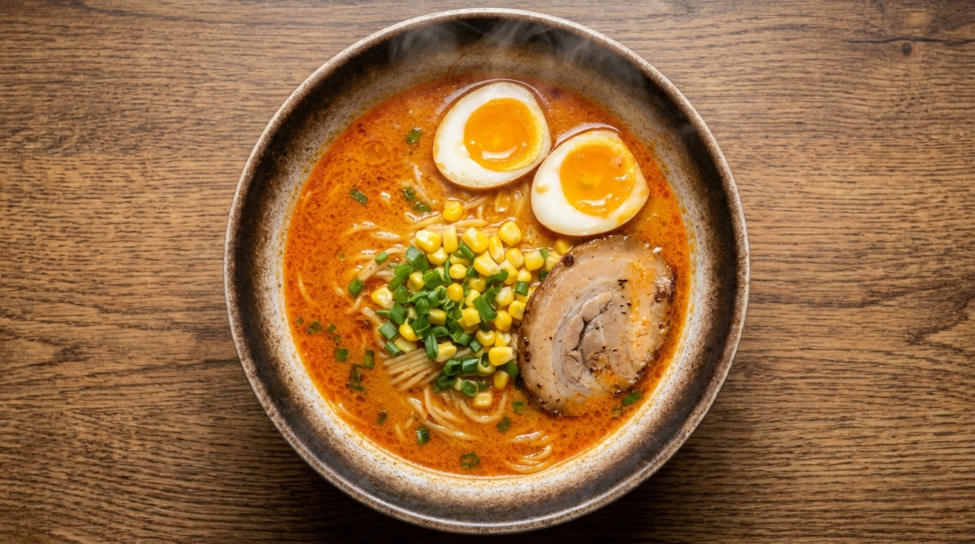 Miska ramenu miso w stylu Sapporo z gęstym, aromatycznym bulionem, plastrami wieprzowiny chashu, jajkiem na miękko, kukurydzą i dymką.