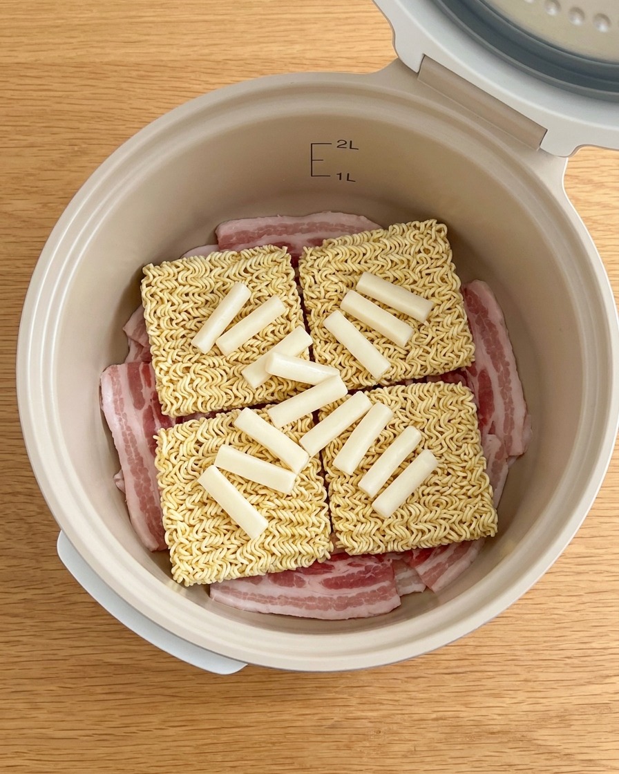 Świeżo pokrojone piórka cebuli umieszczone na makaronie w garnku.