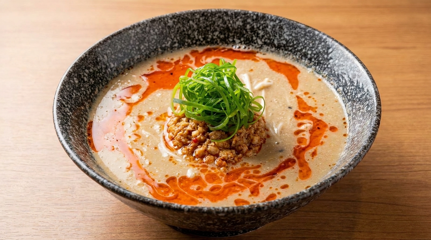 Miska japońskiego Tantan ramen z kremowym bulionem sezamowym, mielonym mięsem, wyrazistym czerwonym olejem chili i świeżą cebulką.