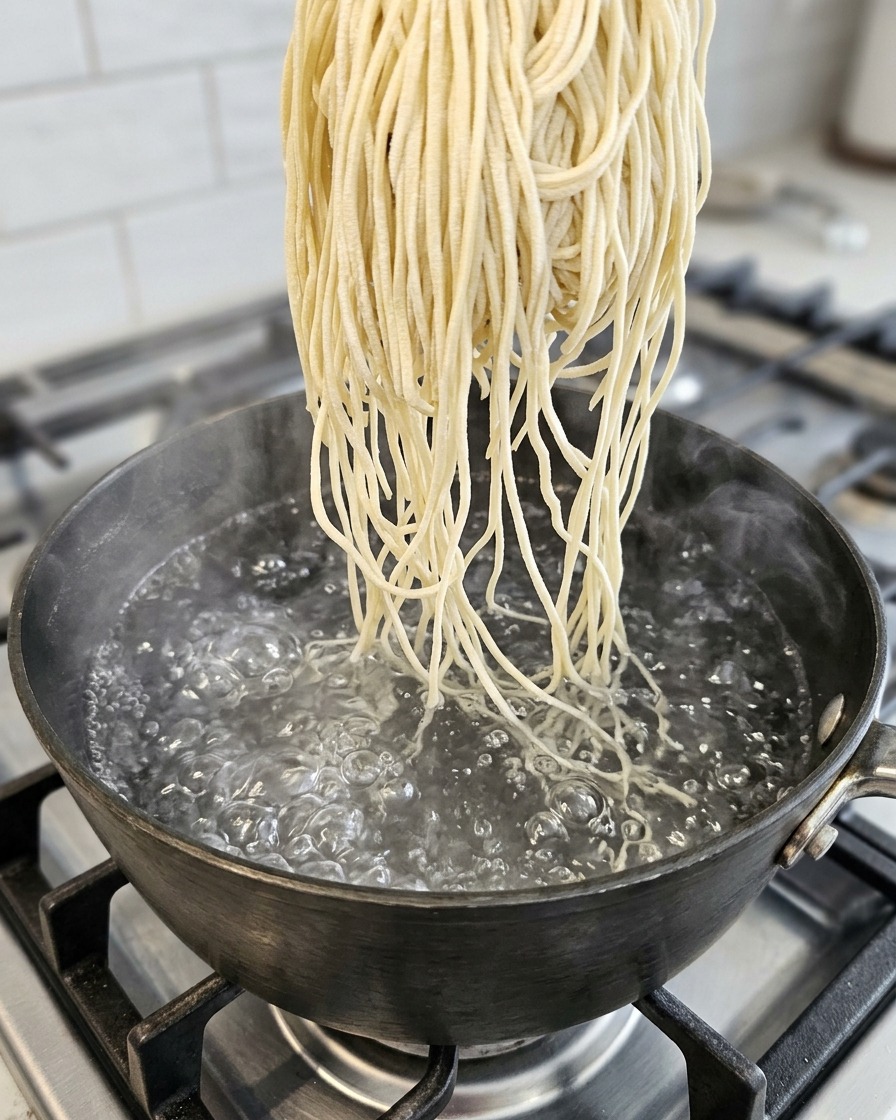 Makaron ramen gotujący się w garnku z wodą.