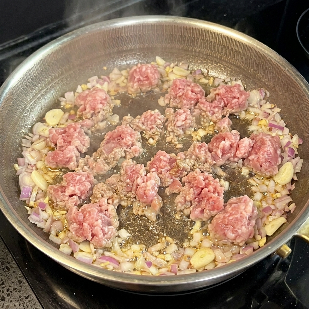 Mielone mięso smażące się na patelni z aromatami.