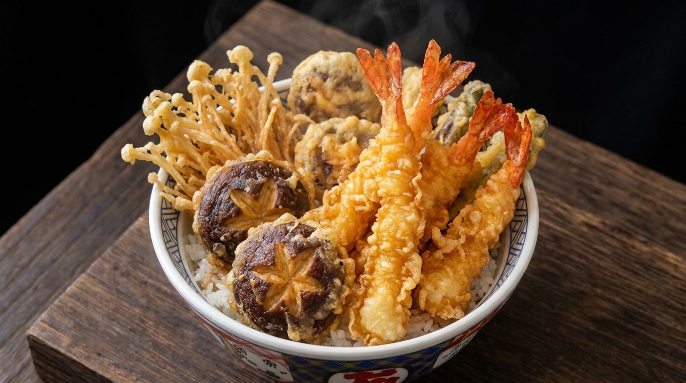 Klasyczna japońska miska ryżu z tempurą (Tendon)
