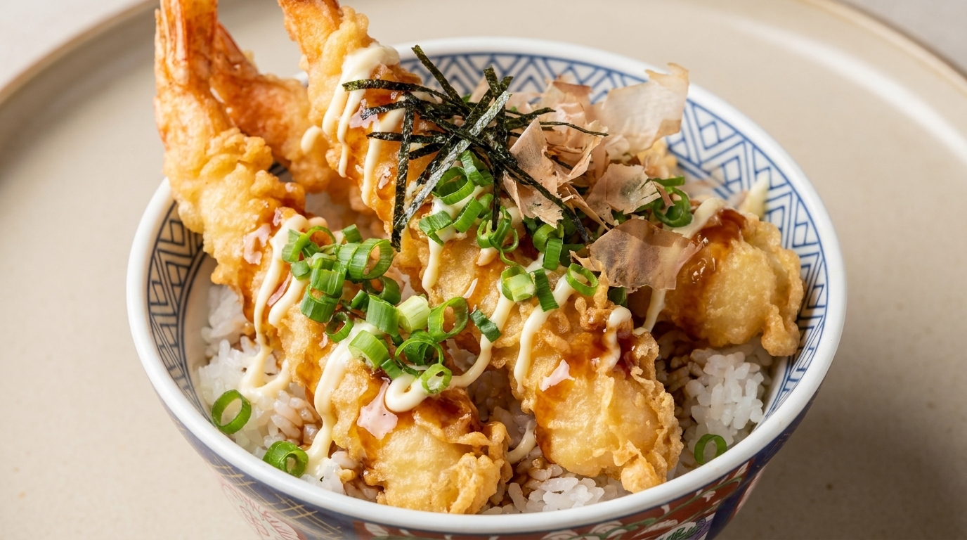 Chrupiące krewetki w tempurze na ryżu (Tendon)