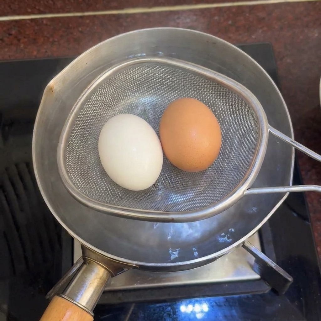Metalowe sitko trzymające dwa jajka nad garnkiem z wodą na blacie kuchennym.