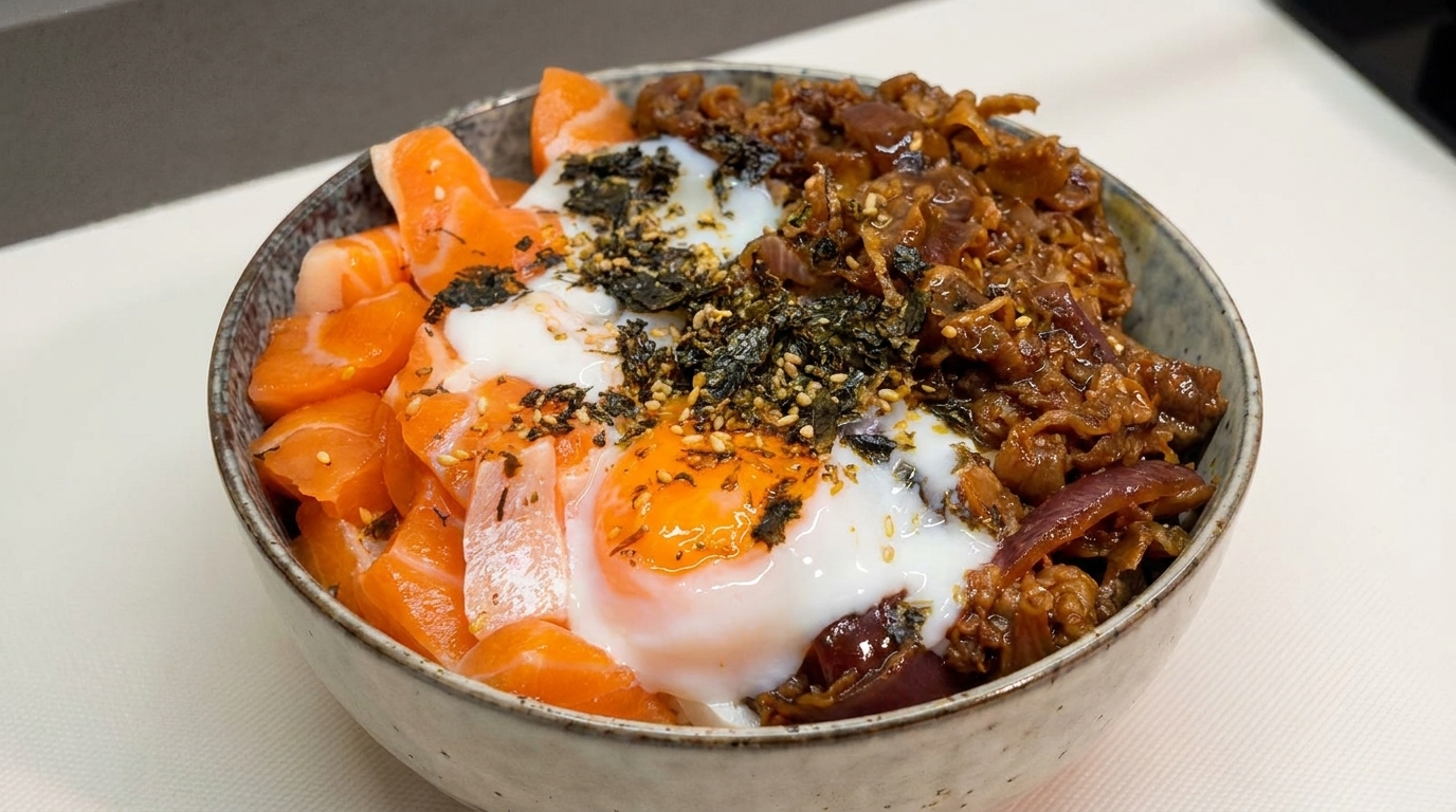 Kolorowe japońskie donburi udekorowane świeżymi plastrami łososia, aromatyczną smażoną wołowiną i idealnie płynnym jajkiem onsen.