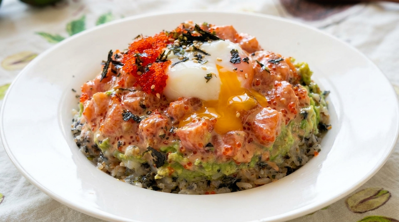 Poke Bowl z łososiem, awokado i jajkiem onsen