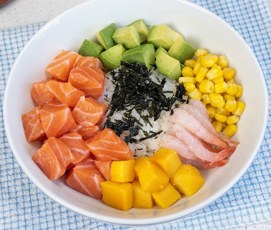 Cienkie paski czarnych suszonych alg umieszczone na środku poke bowl wypełnionego kolorowymi składnikami.