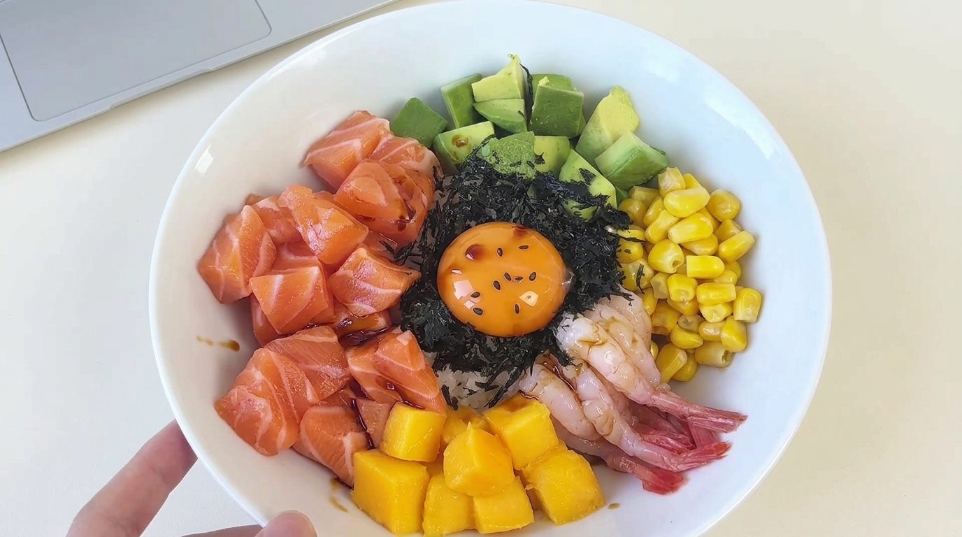 Kolorowe poke bowl z łososiem i awokado, udekorowane słodkimi krewetkami, mango i żółtkiem umieszczonym na środku.