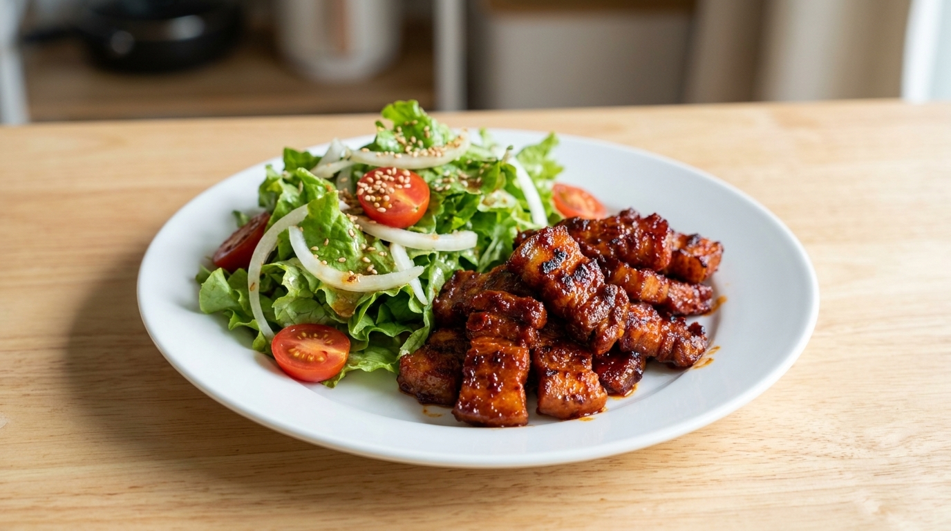 Pikantny koreański boczek z pastą Gochujang i świeżą sałatką z cebuli